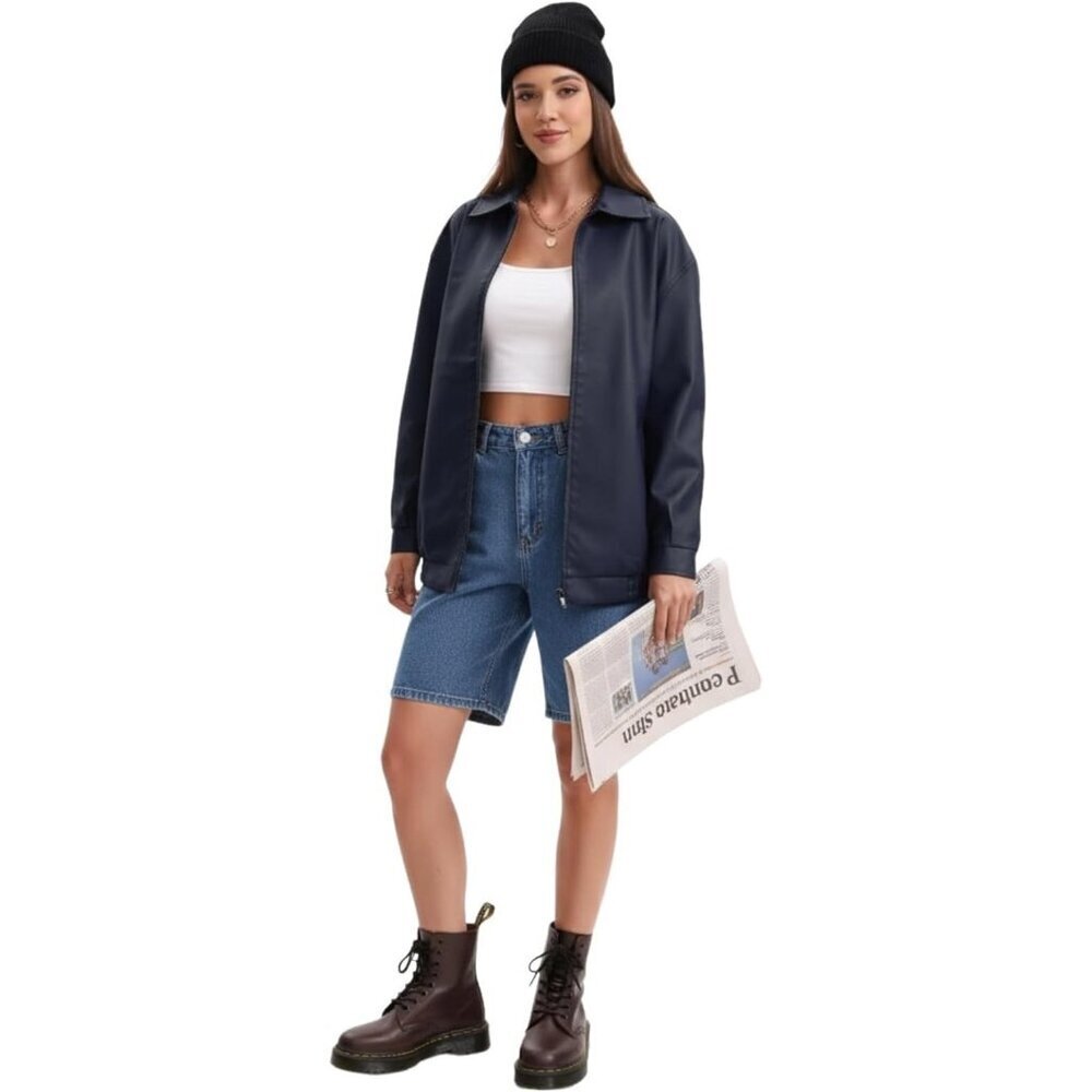 Womens Oversized Faux Leather Jacket Zip Up Motorcycle Loose Fit Fall Outfits - Picture 5 of 6